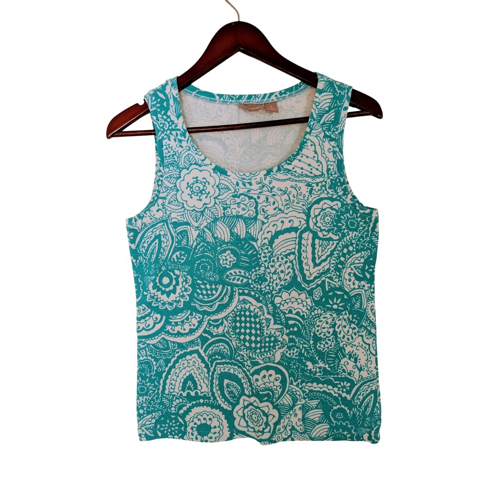 Chicos Teal White Paisley Floral Ribbed Tank Top Scoop Neck Size 1 Medium